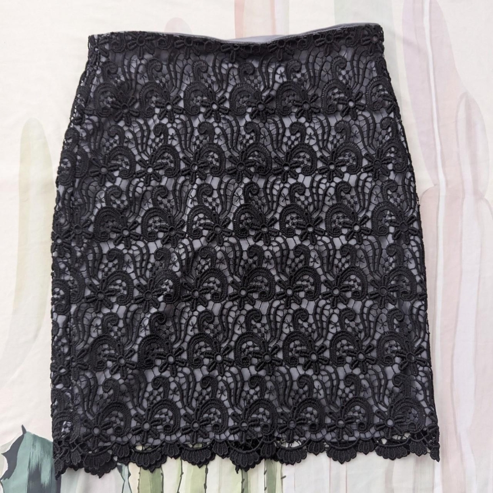 Ann Taylor Petite Black & Gray Floral Lace Mini Skirt